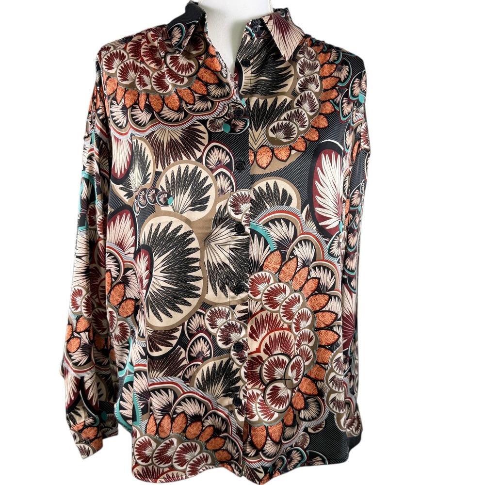 Jodifl Womens Geometric Floral Button Down Blouse Rust Tan Black G8124-4 Small